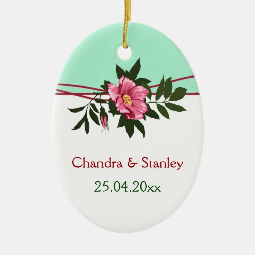 Wild pink rose floral wedding mint green keepsake ceramic ornament