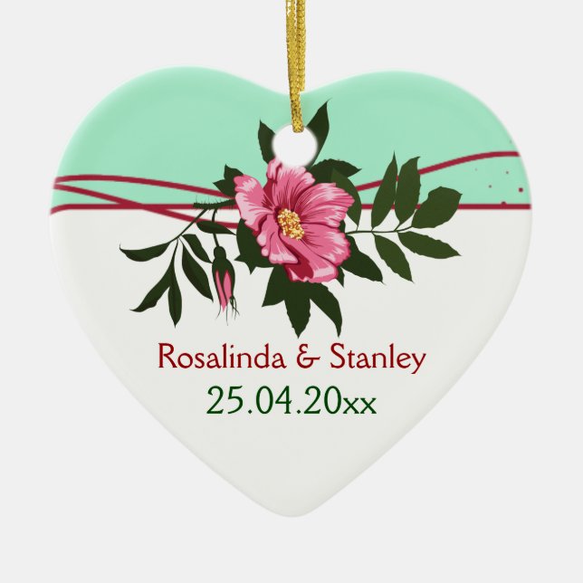 Wild pink rose floral wedding mint green keepsake ceramic ornament (Front)