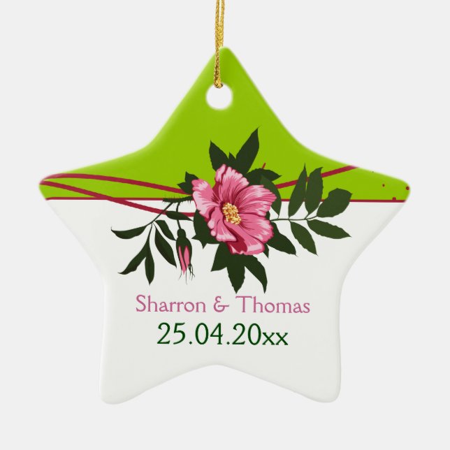 Wild pink rose floral wedding mint green keepsake ceramic ornament (Front)