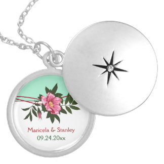 Wild pink rose floral wedding mint green keepsake silver plated necklace