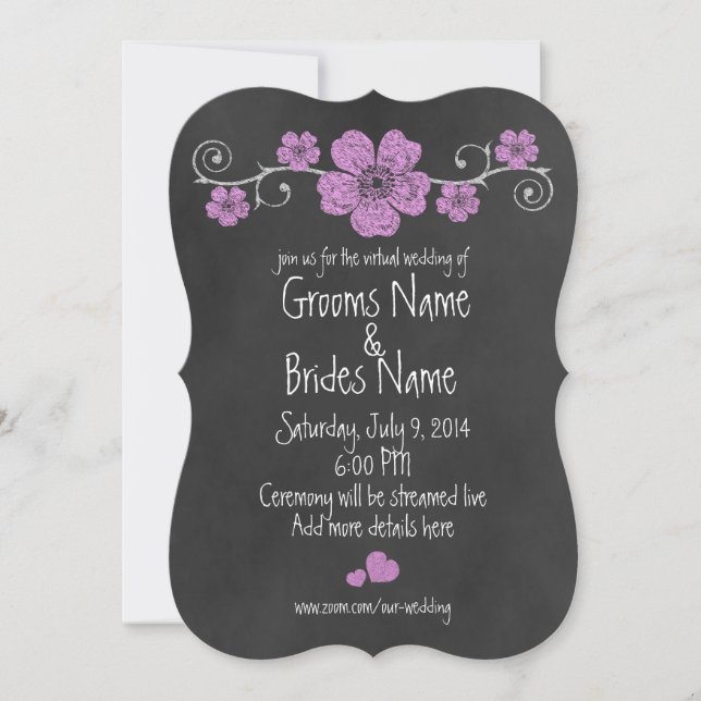 Wild Pink Roses Chalkboard Virtual Wedding Invitation (Front)