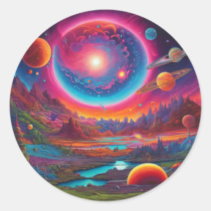 Wild planets psychedelic art classic round sticker