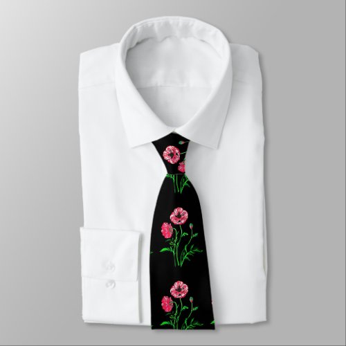 Wild Poppies Black Outline Art Neck Tie