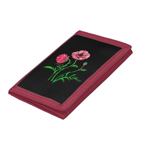 Wild Poppies Black Outline Art Trifold Wallet