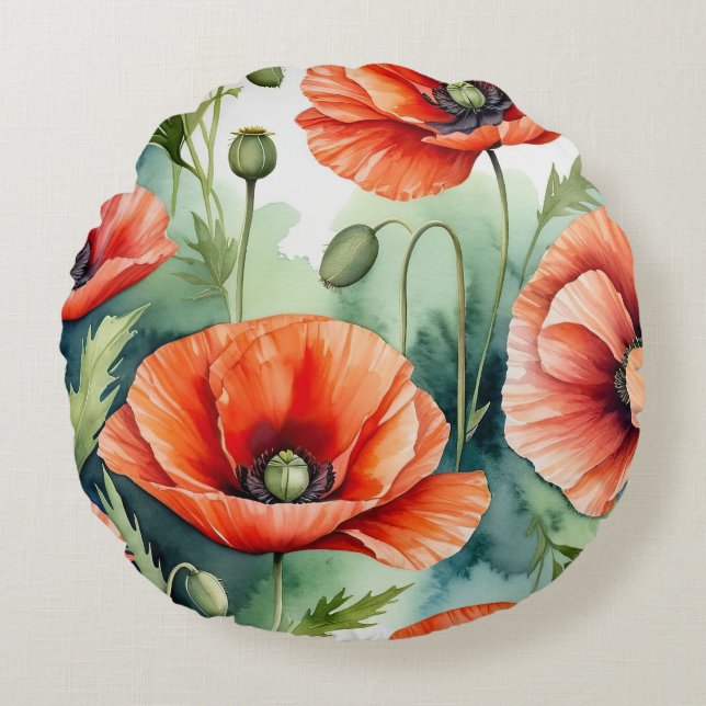 Wild Poppies Round Pillow (Front)