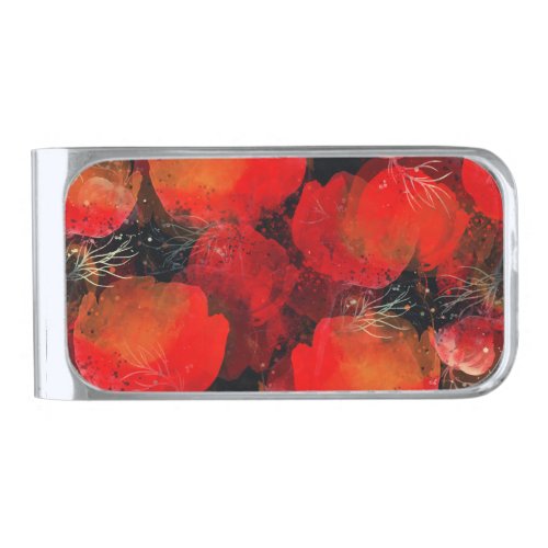 Wild Poppies Watercolor Digital Drawing Silver Finish Money Clip