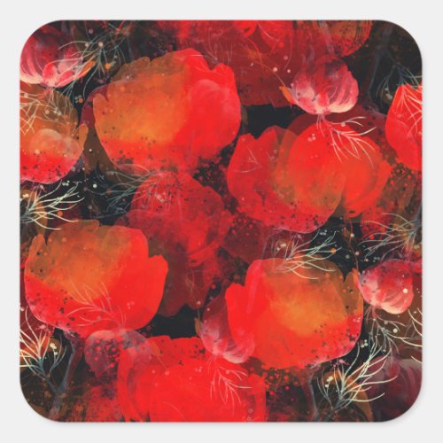 Wild Poppies Watercolor Digital Drawing Square Sticker