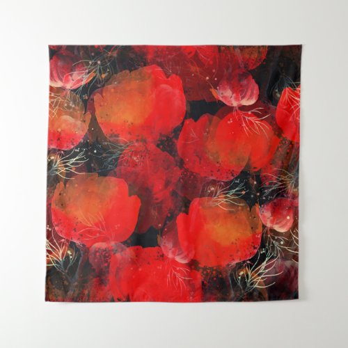 Wild Poppies Watercolor Digital Drawing Tapestry