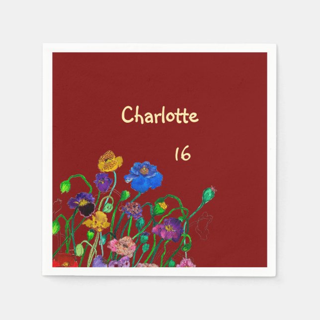 Wild Poppy Deep Red & Butter Yellow Birthday Napkins (Front)