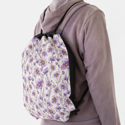 Wild purple flowers pattern design drawstring bag