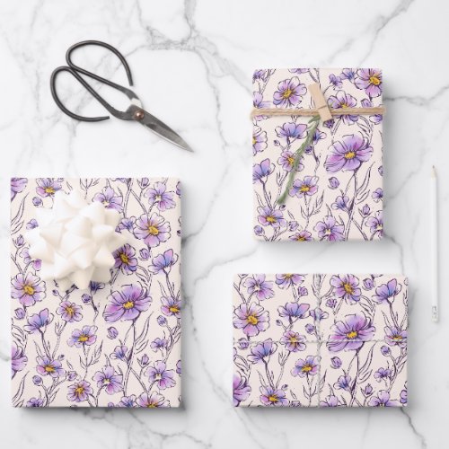 Wild purple flowers pattern design wrapping paper sheets