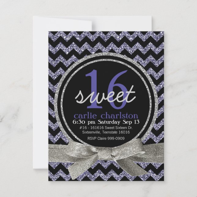 Wild Purple Glitter Look Chevron Sweet 16 Party Invitation (Front)