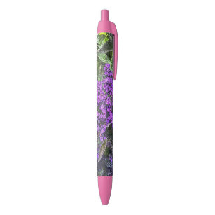 Wild purple lilac flowers with spring green leaves black ink pen