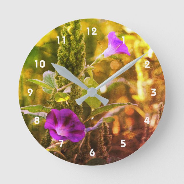 Wild Purple Morning Glory Flowers Art Round Clock (Front)