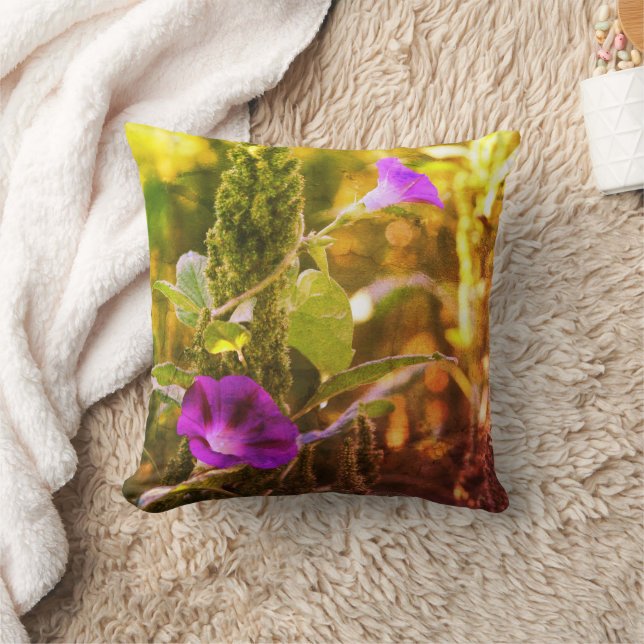 Wild Purple Morning Glory Flowers Art Throw Pillow (Blanket)