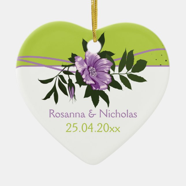 Wild purple rose floral wedding green keepsake ceramic ornament (Front)