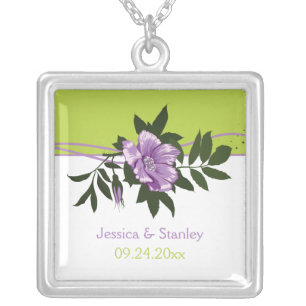 Wild purple rose floral wedding green keepsake silver plated necklace
