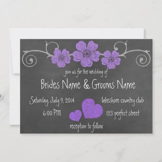 Wild Purple Roses Chalkboard Wedding Invitation (Front)