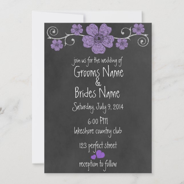 Wild Purple Roses Chalkboard Wedding Invitation (Front)