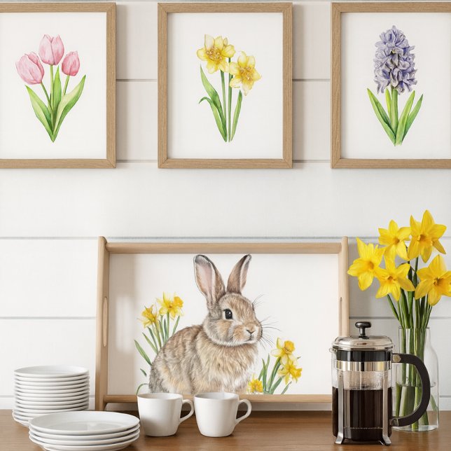 Wild Rabbit and Daffodil Flowers  Serving Tray (Spring rabbit and daffodil serving tray  seasonal decor for Easter brunch or farmhouse kitchen)