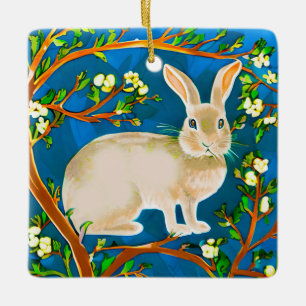 Wild Rabbit and Flowering Branches Ceramic Ornament