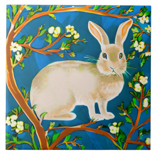 Wild Rabbit and Flowering Branches Ceramic Tile
