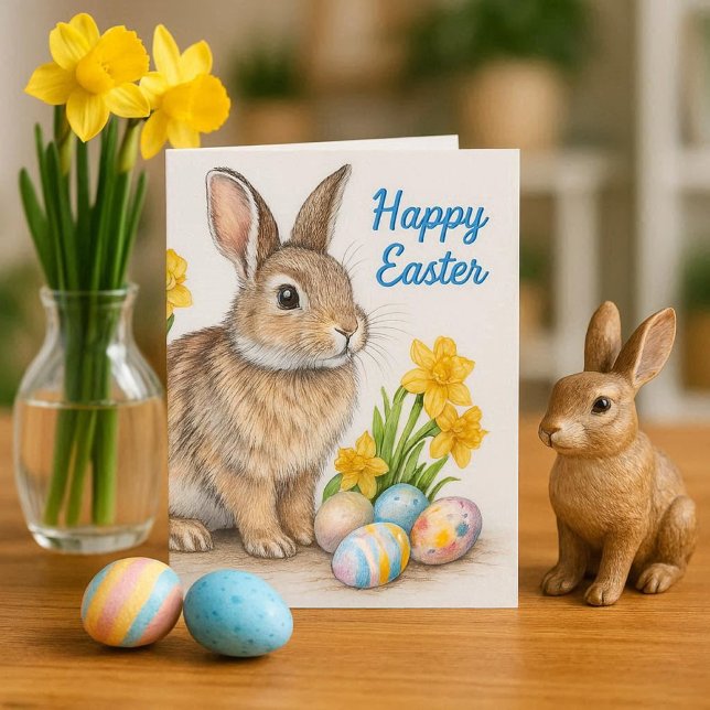 Wild Rabbit with Daffodils Easter Holiday  Card (Share this charming Easter card featuring a delightful wild rabbit design with friends and family)