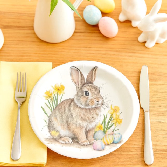 Wild Rabbit with Daffodils Easter  Paper Plates (Darling Easter bunny paper plate, perfect for your holiday gatherings )