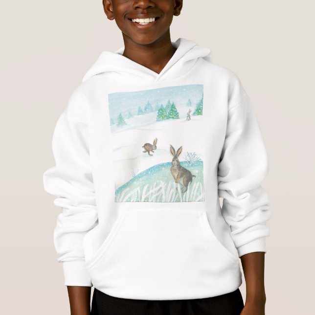 Wild Rabbits Sitting & Jumping On Snow   Hoodie (Front)