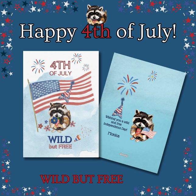 Wild Raccoon Girl Celebrates Fourth of July Holiday Card (Wild Raccoon Girl Celebrates Fourth of July Holiday Card)