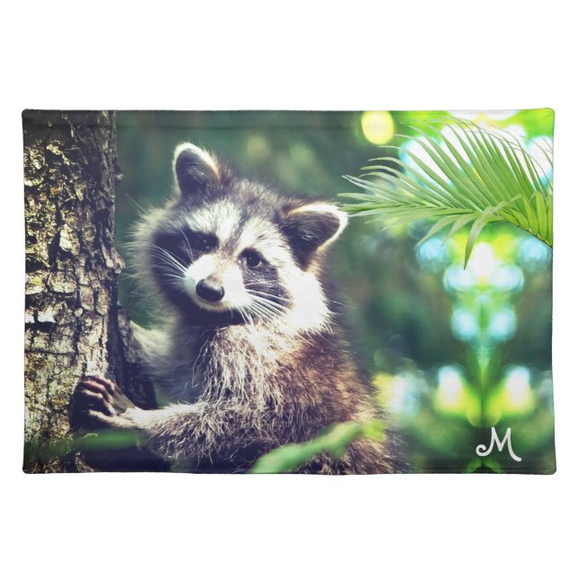 Wild Raccoon on the Forest and Monogram Cloth Placemat (Front)