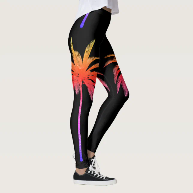 Wild Rainbow Palm Trees Tropical Black Leggings Zazzle