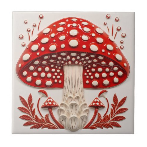 Wild Red Amanita Muscaria 3D Effect Mushroom Ceramic Tile