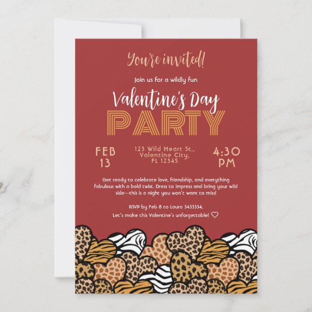 Wild Red Animal Print Heart Valentine's Day Party Invitation (Front)