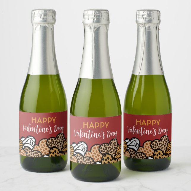 Wild Red Animal Print Heart Valentine's Day Party Sparkling Wine Label (Bottles)