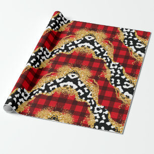 Wild Red Buffalo Plaid Leopard Print Christmas Wrapping Paper