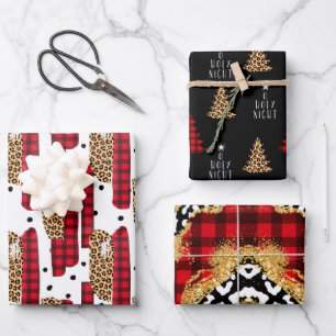 Wild Red Buffalo Plaid Leopard Print Christmas Wrapping Paper Sheets
