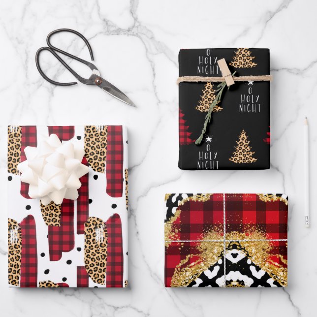 Wild Red Buffalo Plaid Leopard Print Christmas Wrapping Paper Sheets (Front)