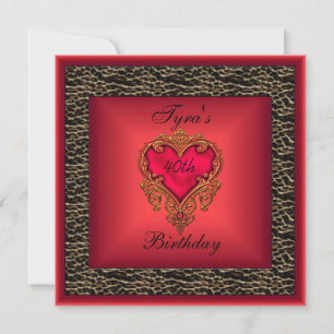 Wild Red Heart Jewel Gold Elegant 40th Birthday 2 Invitation