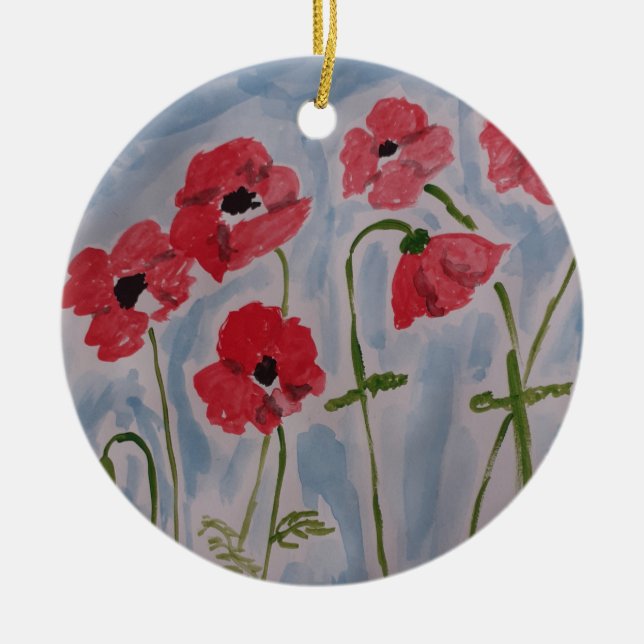 Wild Red Poppies Ceramic Ornament (Front)