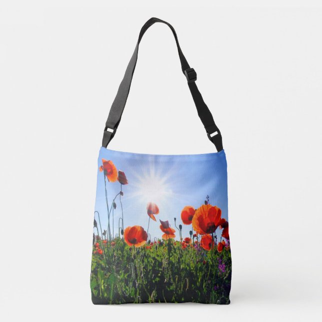 Wild Red Poppies Flowers Crossbody Bag (Back)