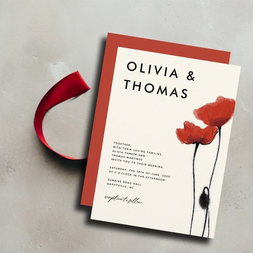 Wild Red Poppies Modern Rustic Elegant Wedding Invitation