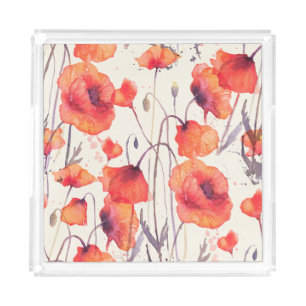 Wild red poppies, watercolor pattern acrylic tray
