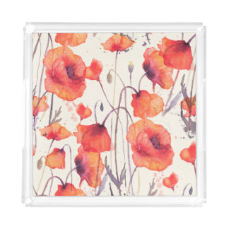 Wild red poppies, watercolor pattern acrylic tray