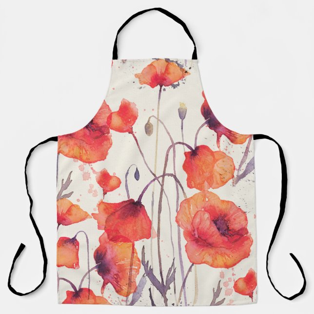 Wild red poppies, watercolor pattern apron (Front)