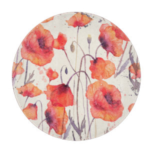 Wild red poppies, watercolor pattern cutting board