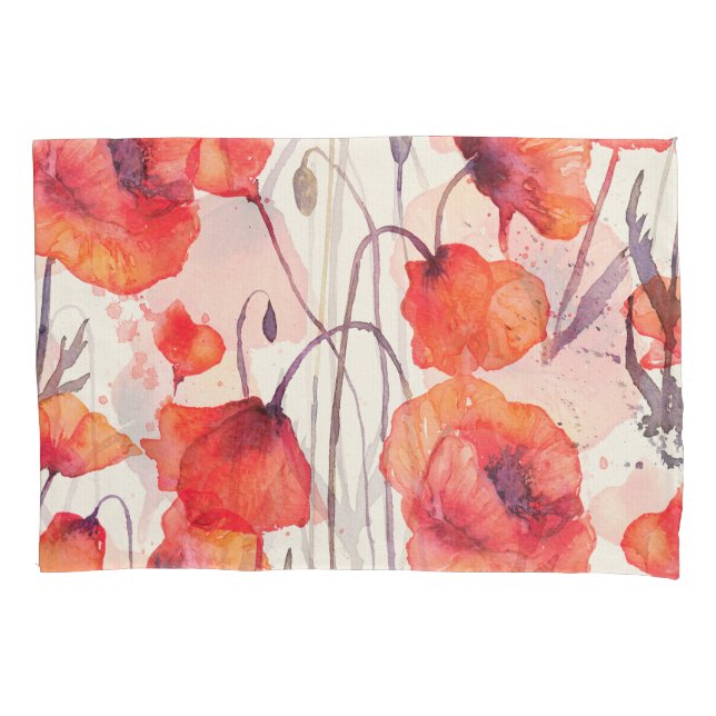 Wild red poppies, watercolor pattern pillow case (Front)