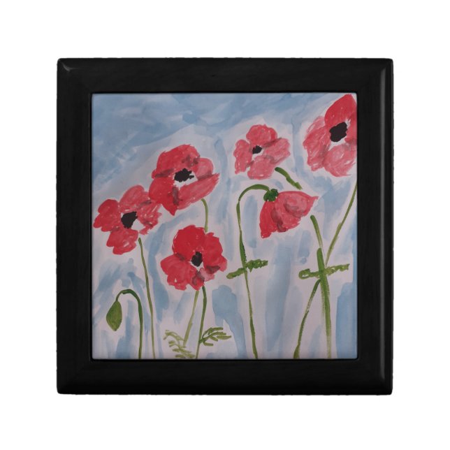 Wild Red Poppies Wooden Jewelry Box (Front)