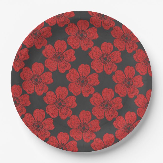 Wild Red Roses Chalkboard Paper Plates (Front)