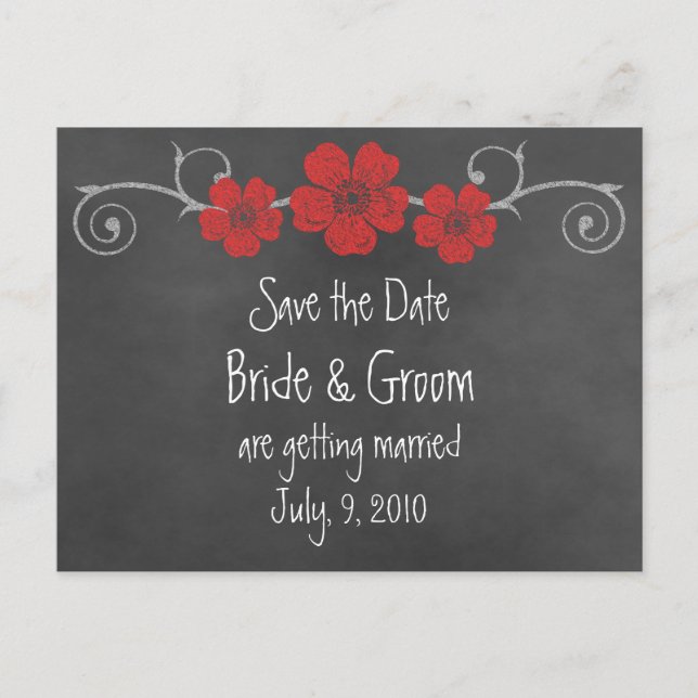 Wild Red Roses Chalkboard Save the Date Postcard (Front)